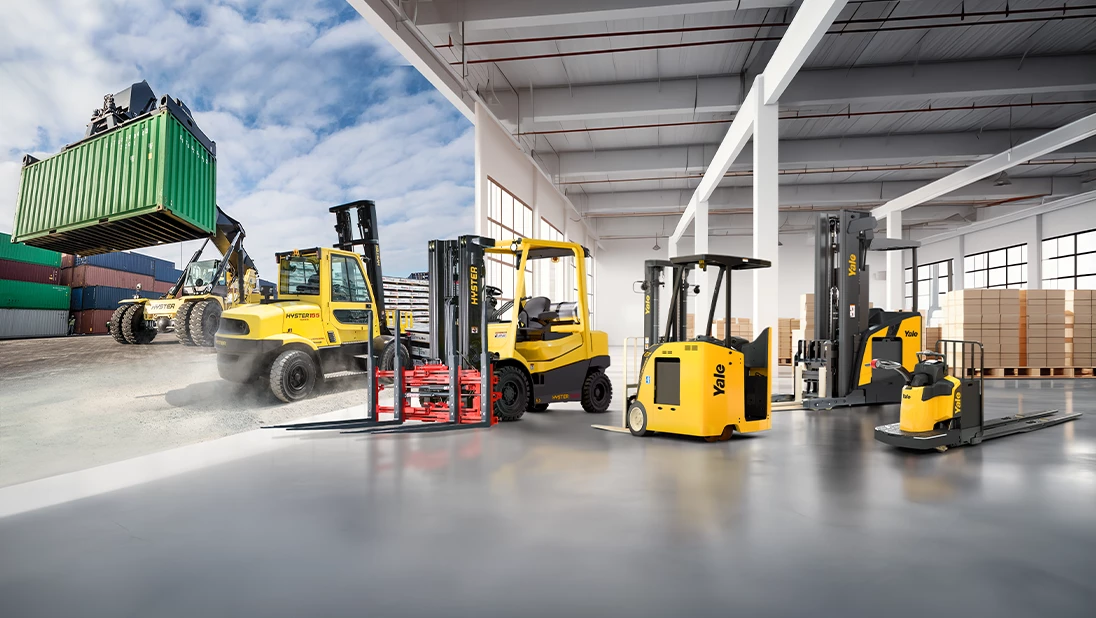 Hyster high-capacity truck, Hyster A-Series with Meyer multi pallet handler attachment, and Yale three-wheel stand. 