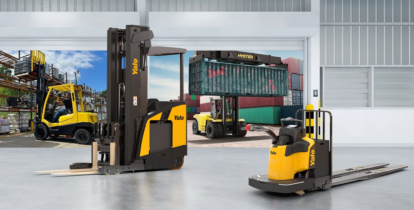 Application image of various Hyster and Yale lift trucks. 