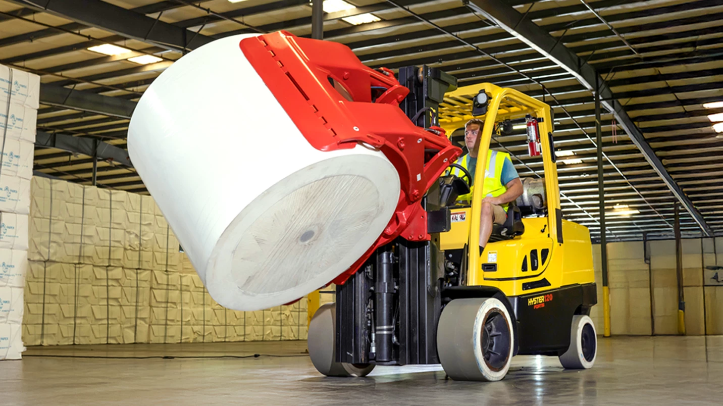 Hyster 120 Fortis lift truck with Bolzoni paper roll clamp attachment.