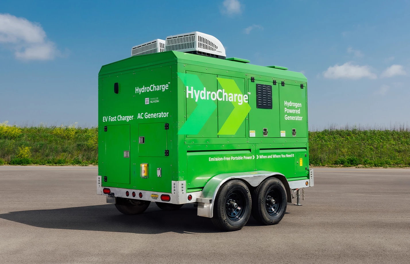 Nuvera HydroCharge hydrogen-powered mobile charging unit in parking lot.